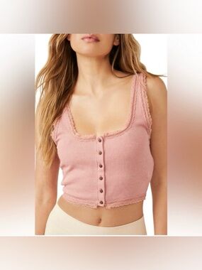 Free People Waffle Knit Lace Trim Tank